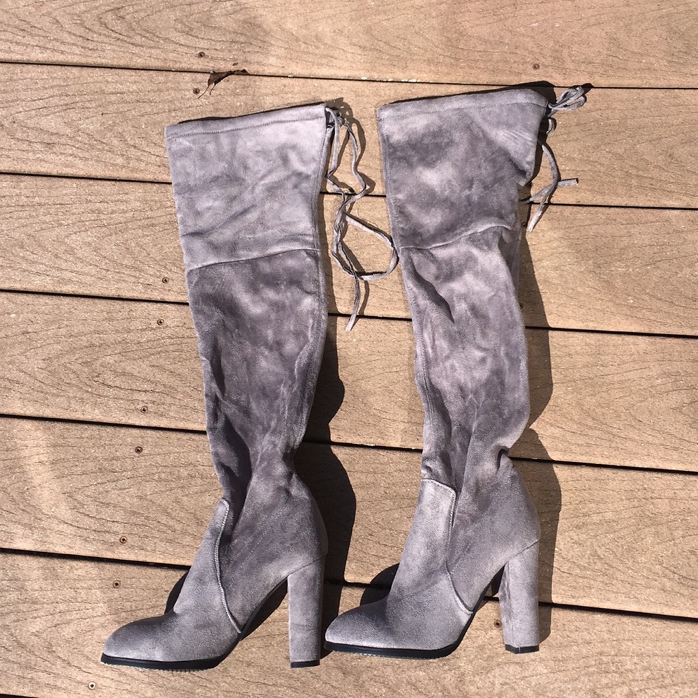SOLD***OVER THE KNEE GRAY SUEDE HEEL BOOTS